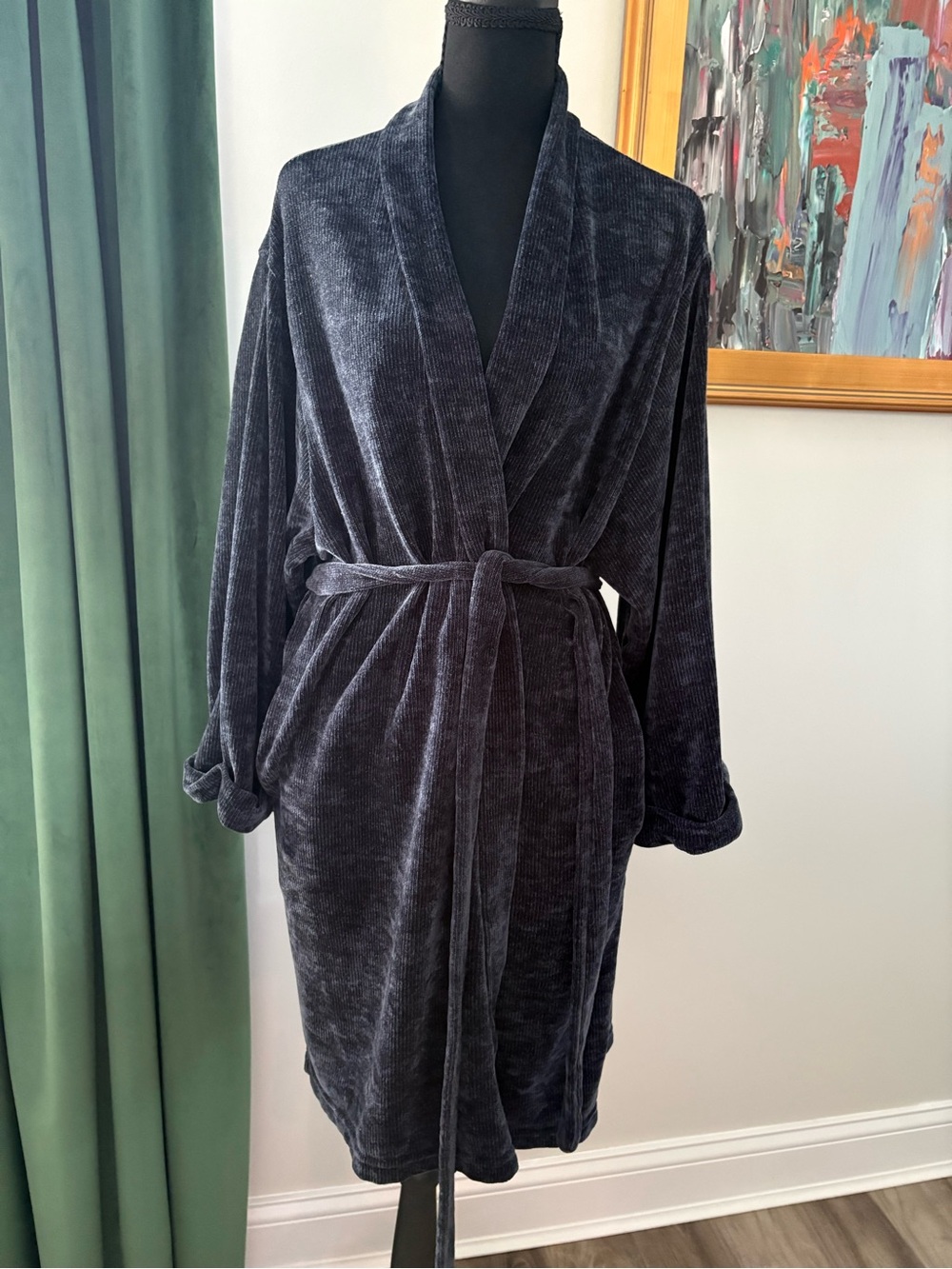 Plush Shawl Collar Robe - Dark Navy Blue